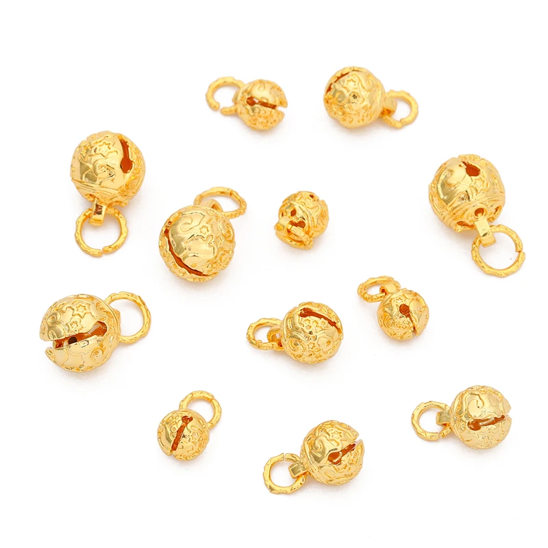 8/10/12mm 18K Gold Plated Copper Jingle Bell Charm Pendant Pet Hanging Bead for Necklace Bracelet DIY Craft Jewelry Making