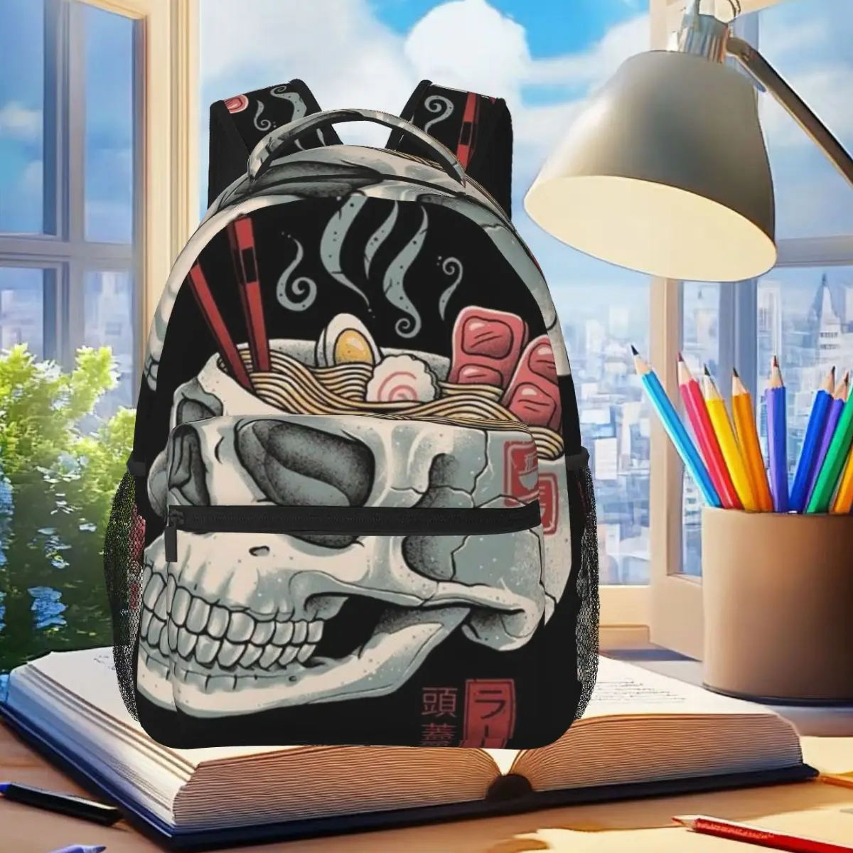 

Skull Eating Noodles Pattern Backpack Student Boys Girls BookBag Children School Bag Computer Shoulder Bags for Men Women