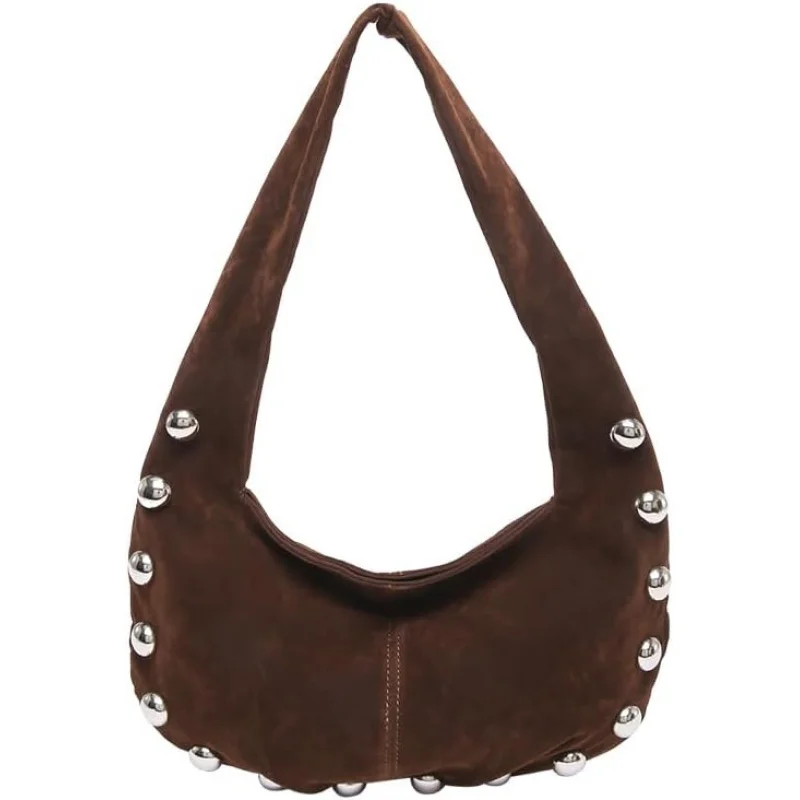 حقيبة يد نسائية من جلد الغزال المتشرد مرصعة بالكتف بلون سادة حقيبة يد عصرية للعمل والسفر والتسوق #1