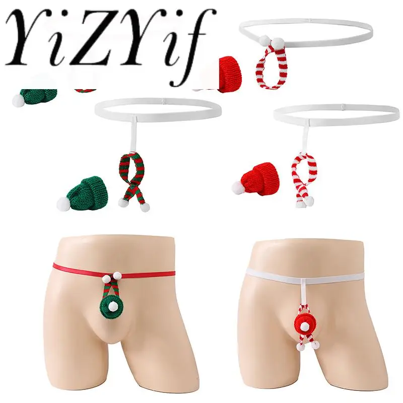 Men Christmas Funny Underwear Xmas Costume Low Rise Thongs Santa Brief Open Butt G-string with Mini Santa Hat Holiday Dress Up