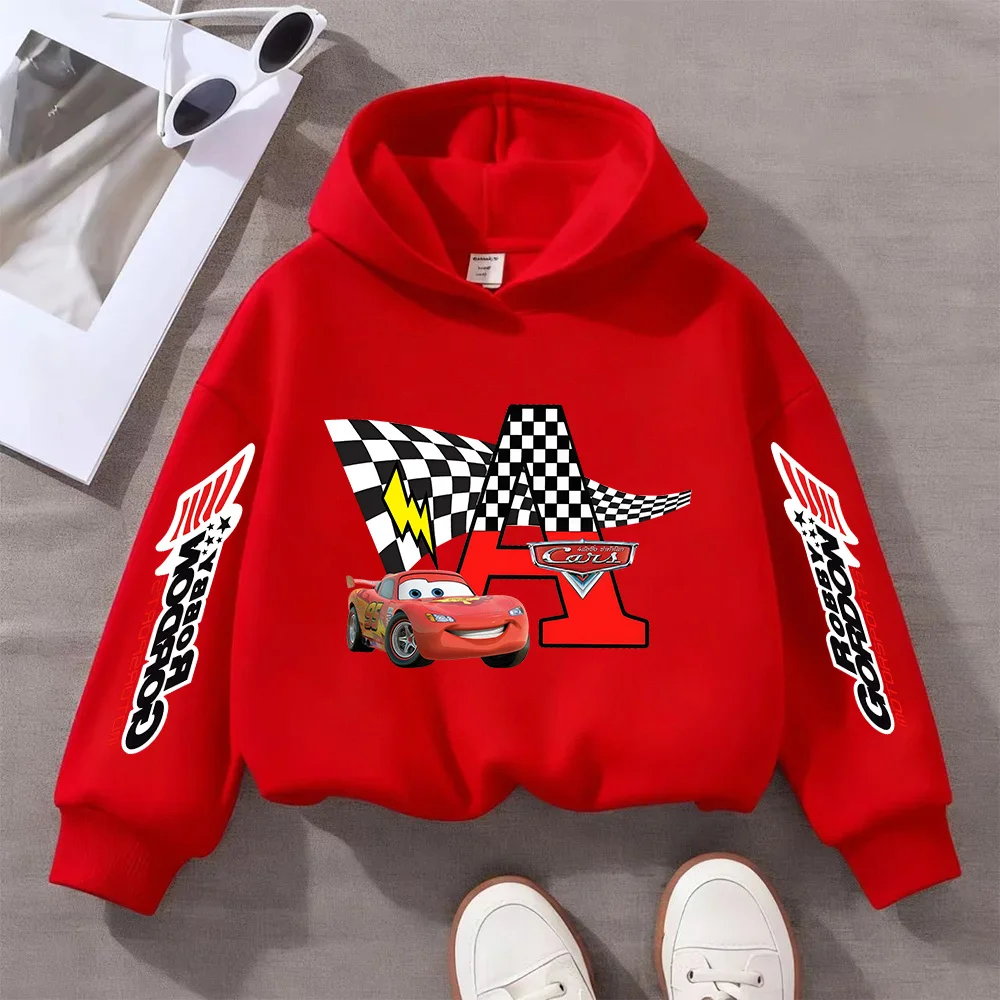 Sweat-shirt à capuche pour enfants, motif de dessin animé de la voiture Lightning McQueen, motifs de lettres A-Z créatifs, haut décontracté à la mode pour enfants