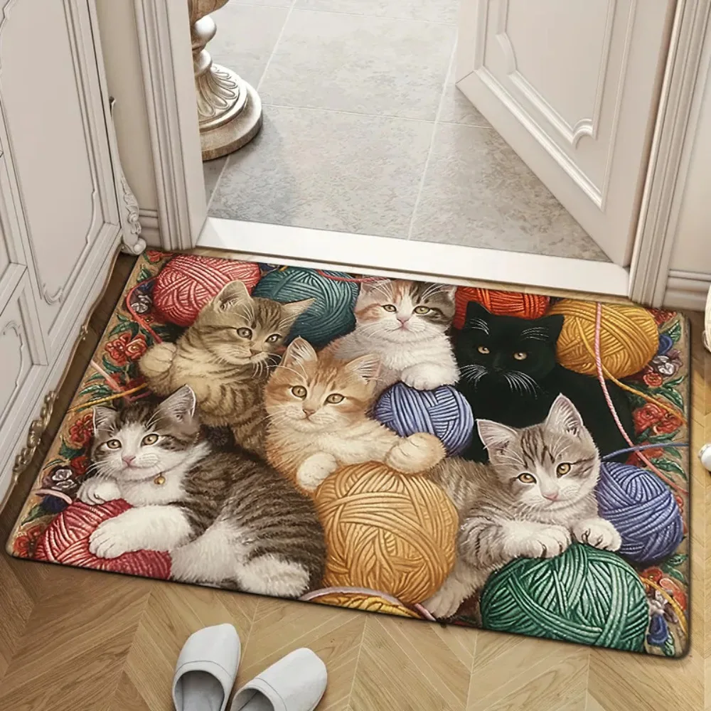 Cute Kitten Playing Yarn Ball Doormat Adorable Cat Pattern for Front Door Entryway Non Slip Durable Floor Mat Perfect Gift