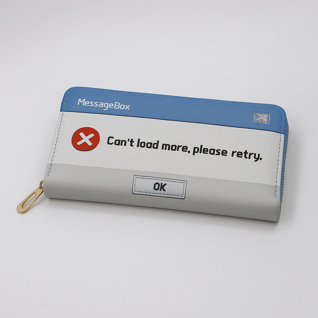 Windows Messag Box "لا يمكن تحميل المزيد، يرجى إعادة الترحيب." - محفظة طويلة بسحاب مضحك