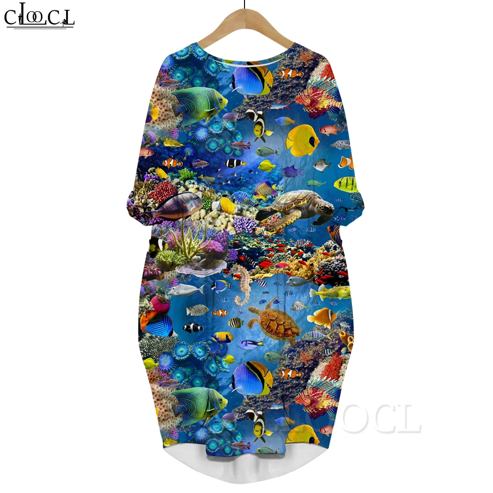 

CLOOCL New Harajuku Women Dress Cute Sea Creatures Pattern 3D Printed Daughter Skirt Casual Long Sleeve Dress Women Clothing