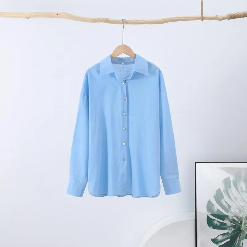 Chemise ample en coton et lin pour femmes, chemisier élégant rose surdimensionné, haut à revers à manches longues, mode printemps été