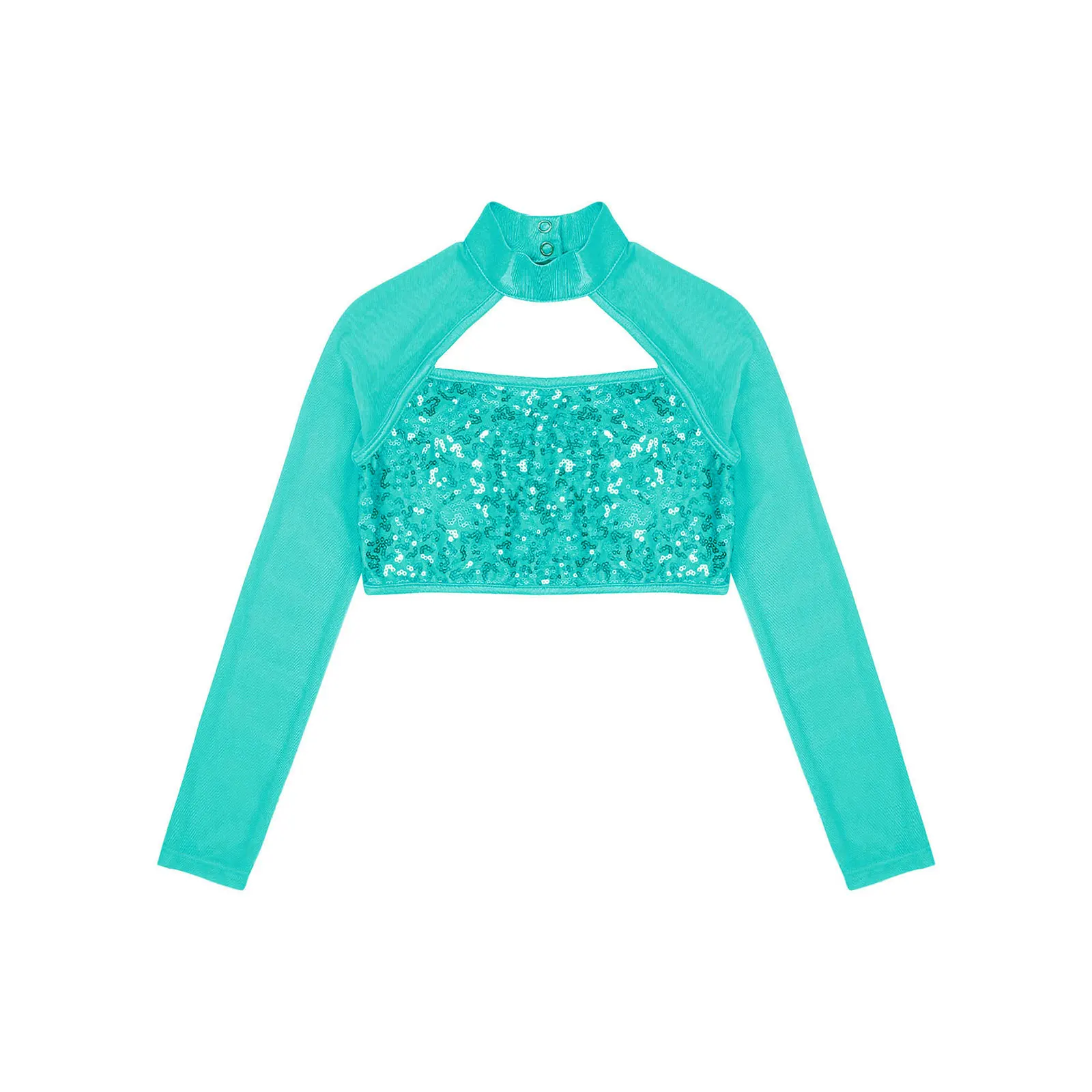 Kids Girls Hip Hop Jazz Street Dance Performance Costume Long Sleeve Hollow Shiny Sequins Mesh Crop Tops Dancewear Sportswear