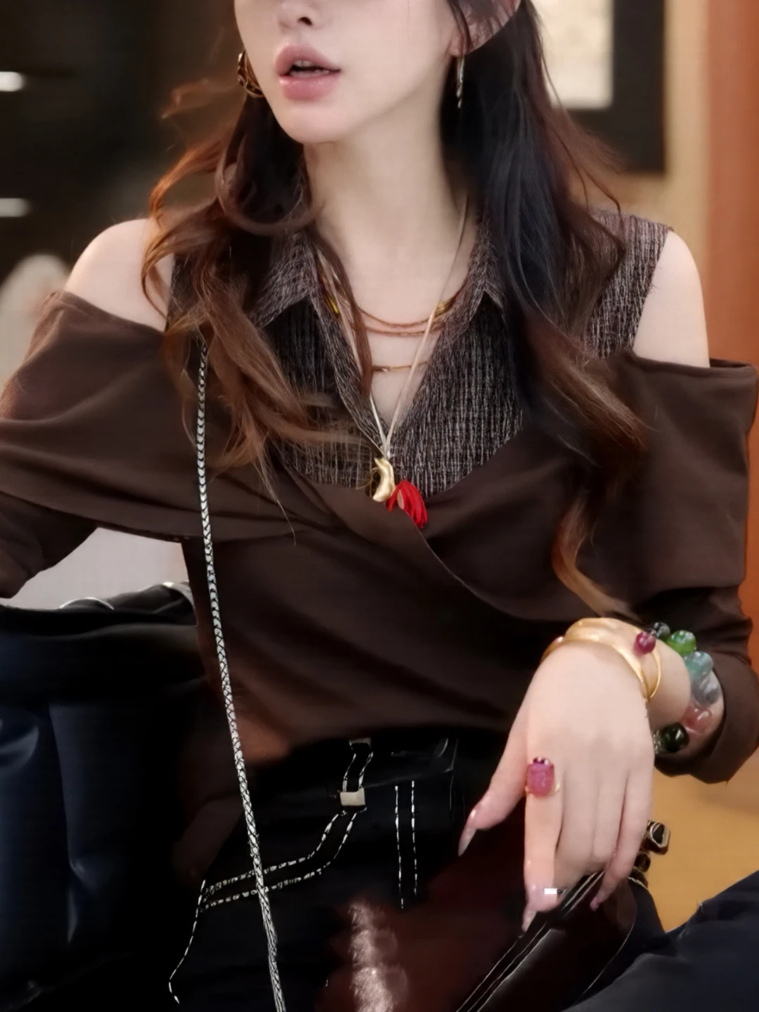 

Korean Sle Coffee Color Plaid Long Sve T-irt oulder Bared Design False Two-Piece Collar Stand-Up Autumn Winter Women...