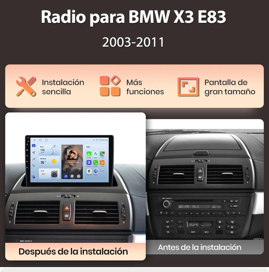 Junsun Wireless CarPlay Android Auto Autoradio für BMW X3 E83 2003 2004-2011 GPS Auto-Intelligentes System BT FM RDS Spanisch Lokal – Detail 2
