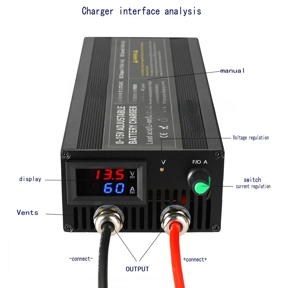 100A 60a 85A 12v Smart Battery Charger 30A 20A Fast Charger  with Adjustable Current 100V-240V for Lifepo4  Lithium Battery