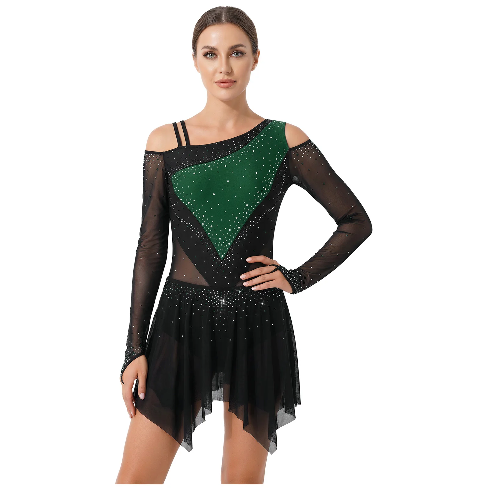 ชุดเต้นรำสำหรับผู้หญิง ชุดฟิกเกอร์สเก็ต ชุดยิมนาสติกลีลา ชุดเต้นรำประดับคริสตัล ชุดบัลเลต์ ชุดเต้นรำลีริคอล ชุดเลโอตาร์ดแบบผ่าข้างไม่สมมาตร