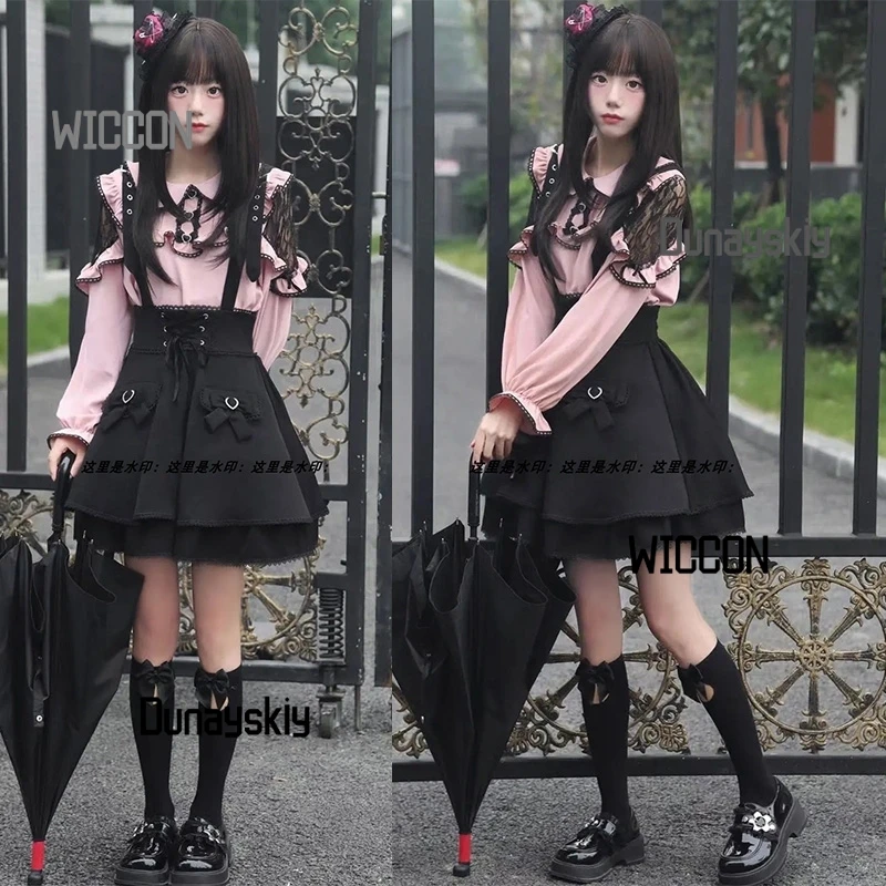 Jirai Kei Japanische rosa schwarze Lolita Cosplay Kostüme Kawaii süße Schleife Lolita Party täglich Halloween Weihnachten