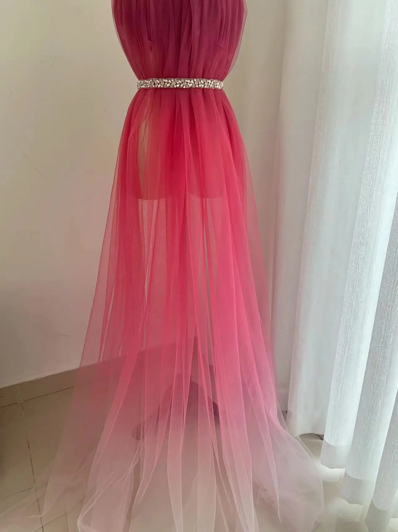 Ombré Colors Dip Dye Style Tulle Lace Fabric Soft Hot Pink to Off White Gradient for Clothing Sewing