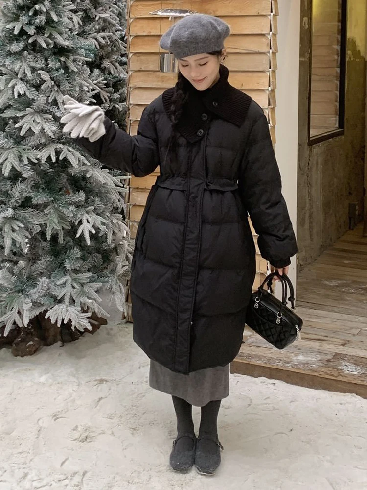 

Winter Knitted Collar Warm Mid Length Down Jacket Female Thicken Drawstring Long Jackets Women White Duck Down Parker Outwears