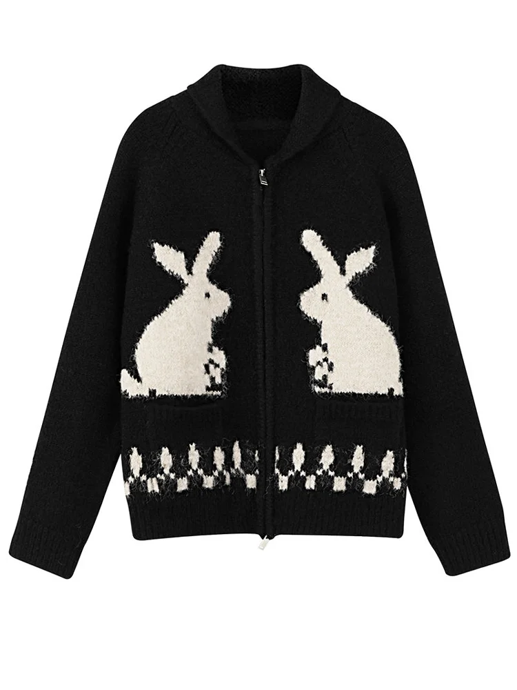 Women Cardigan Autumn Winter Knitted Sweater Ladies Vintage Casual Zipper Jumper Female Sweet Loose Rabbit Jacquard Cardigans