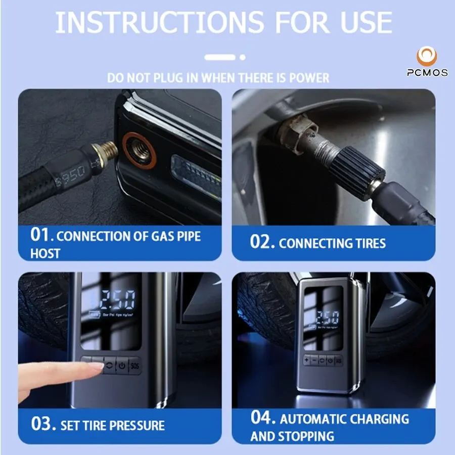 PCMOS 1 Set Inflation Pump Multi Functional Portable Handheld Wireless Charging Digital Display Tire Inflation Pump image 4