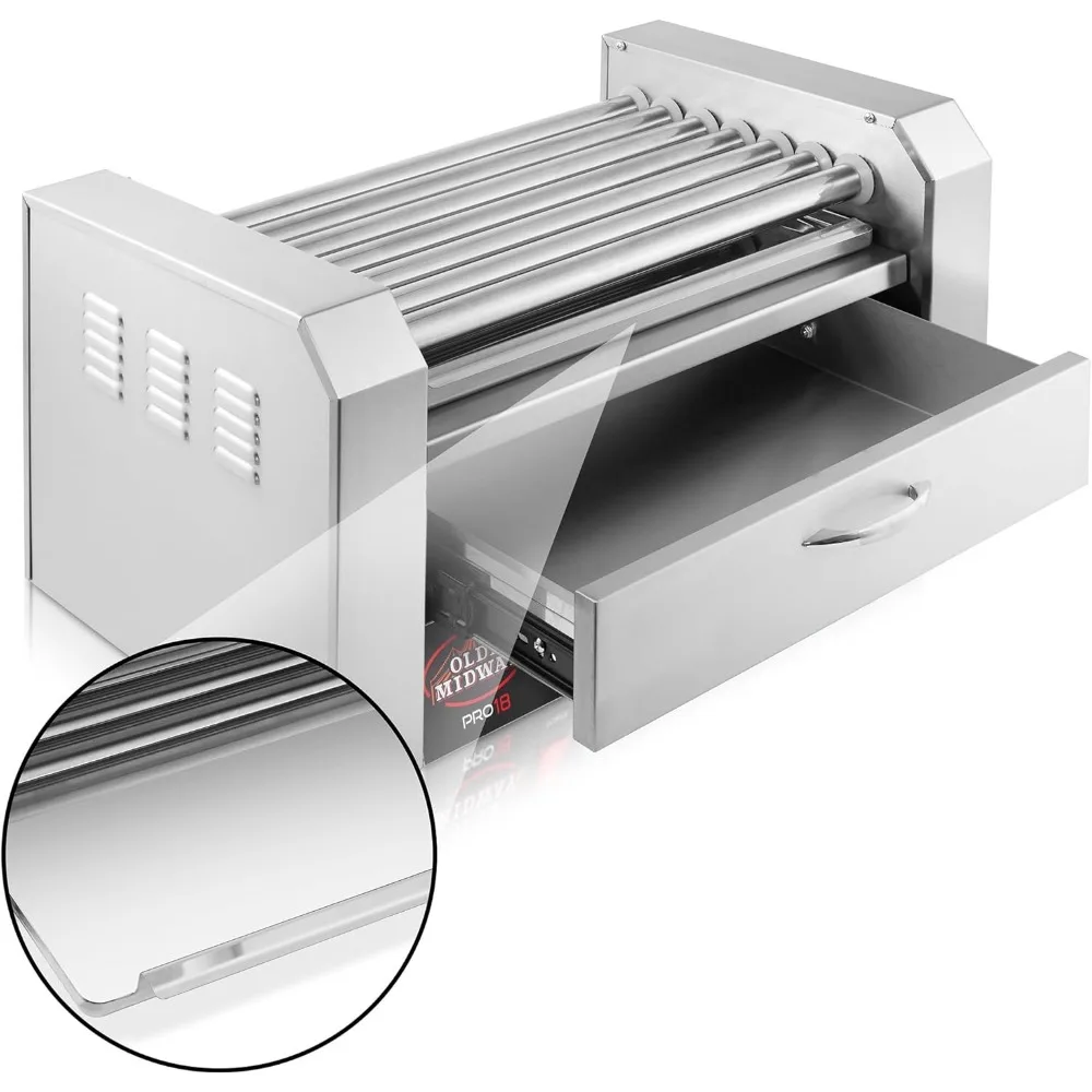 Macchina elettrica per fornelli a griglia a 7 rulli Hot Dog 18 con cassetto riscaldante per panini - Grado commerciale, acciaio inossidabile