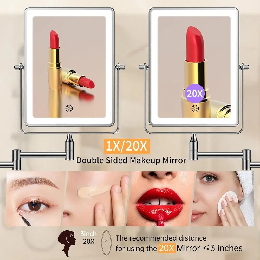 LED照明付き両面化粧鏡、5000mAh充電式、1倍/20倍拡大、タッチ調光、360度回転 °   回転式スイングアーム