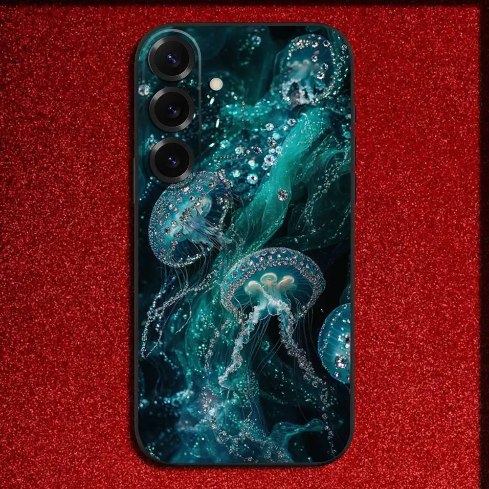 光るクラゲ柄スマホケース Samsung S25、S24、S21、S22、S23、S30、Ultra、S20、Plus、Fe、Lite、5G対応 ブラックカバー