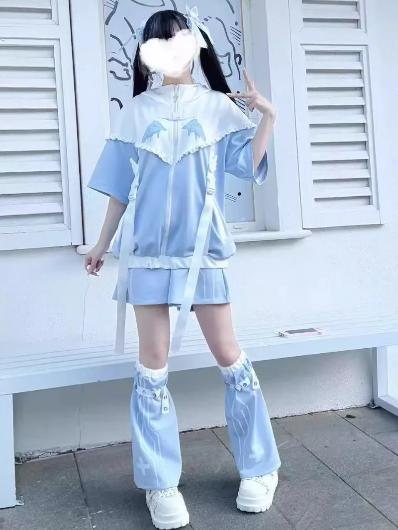 Summer Zipper Sweatshirt Original Japanese Subculture Water Color System Removable Sleeves Sweet And Cute Fox Ear Hooded Jacket