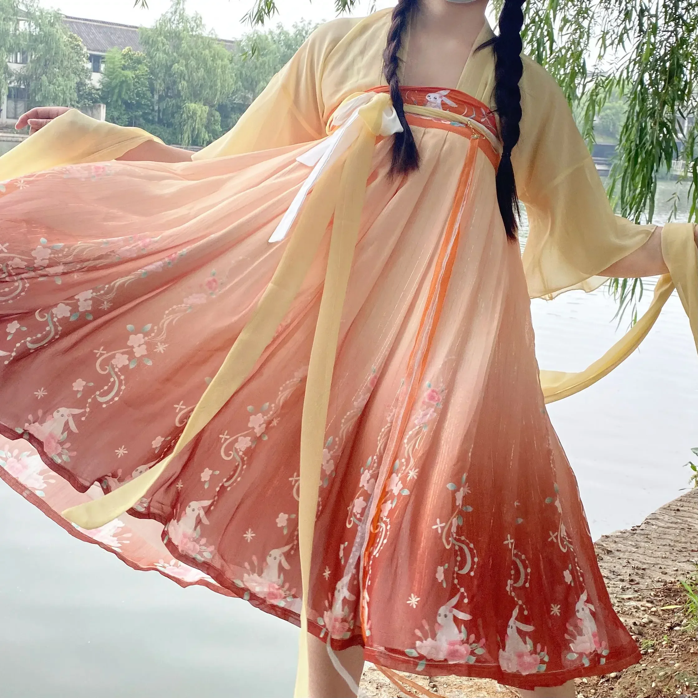 Женский костюм Лолиты Hanfu с вышивкой кролика, красного цвета, с длинным рукавом и оборками, симпатичное хлопковое стильное платье, летнее платье с градиентным цветом