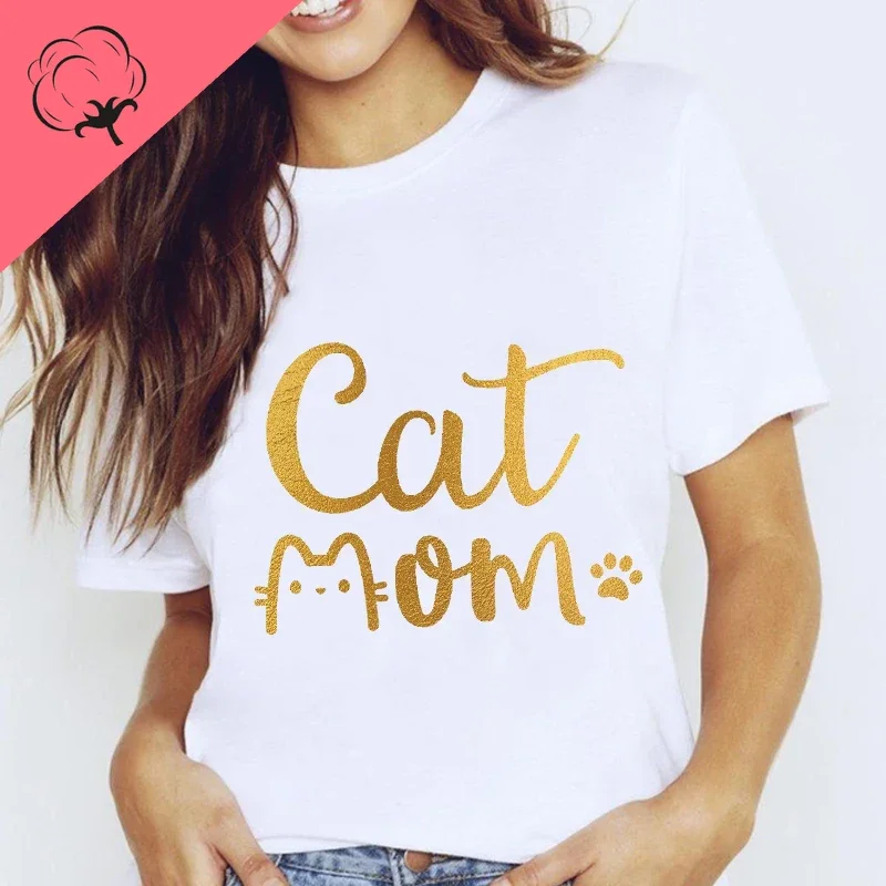 Animal Letter Cat Cute printed T-shirt Casual fashion comfortable short sleeve top for everyday wear for both men and women