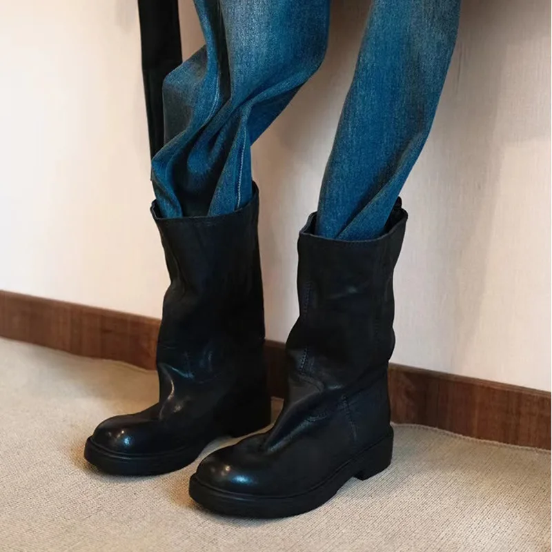 New Retro Women's Shoes Exquisite Soft Leather Slouchy Boots for Woman Fashion Platform Knight Boots Designer Shoes Botas Mujer