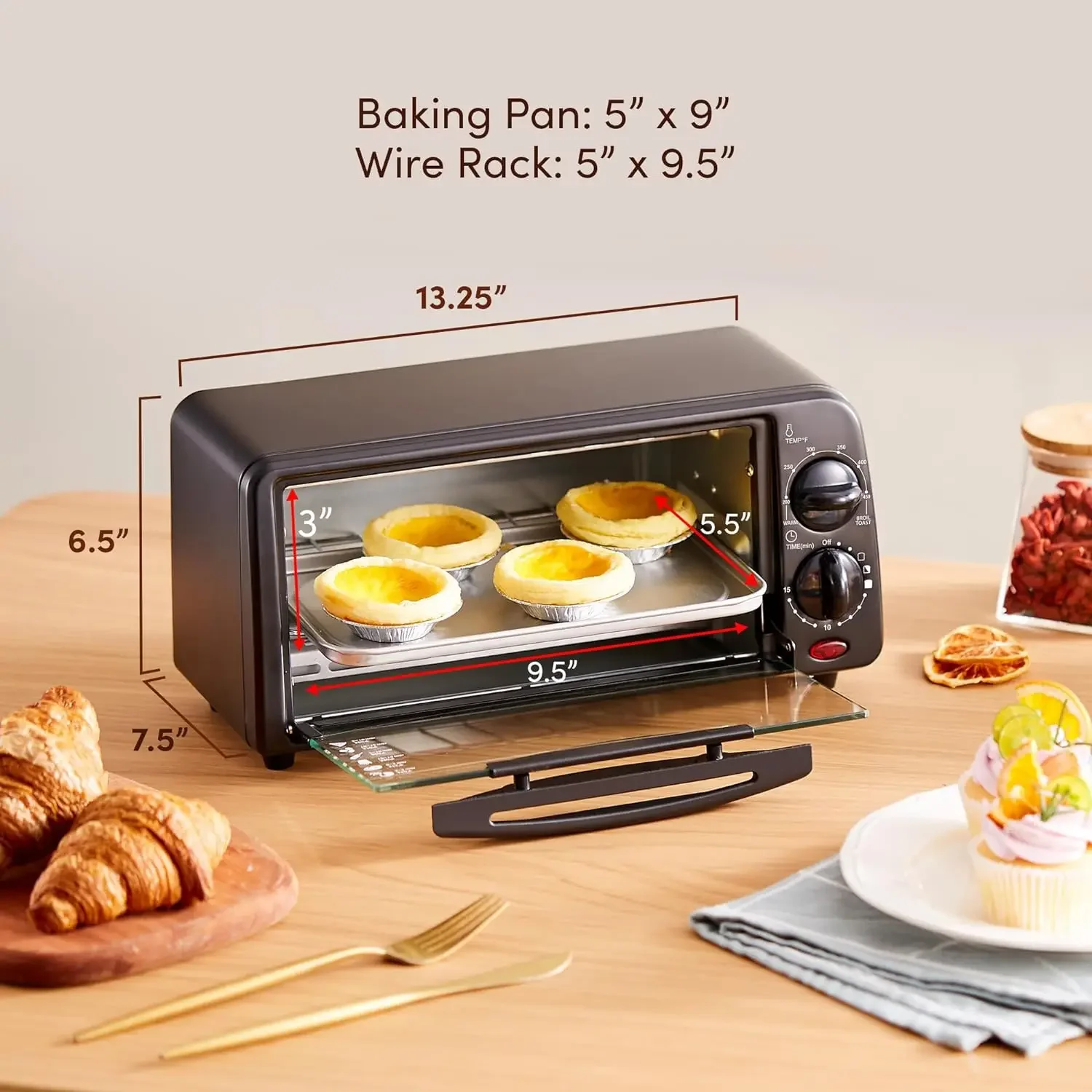 ETO236 Personal 2 Slice Countertop Toaster Oven with 15 Minute Timer Includes Pan and Wire Rack, Bake, Broil, Toast, Black