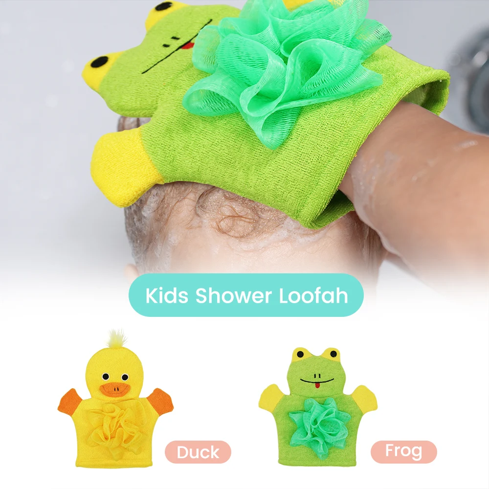 

Перчатки для ванны с мультяшными животными, двухстороннее отшелушивающее и нежное массажное средство для детей — растительное волокно/хлопок, быстросохнущее