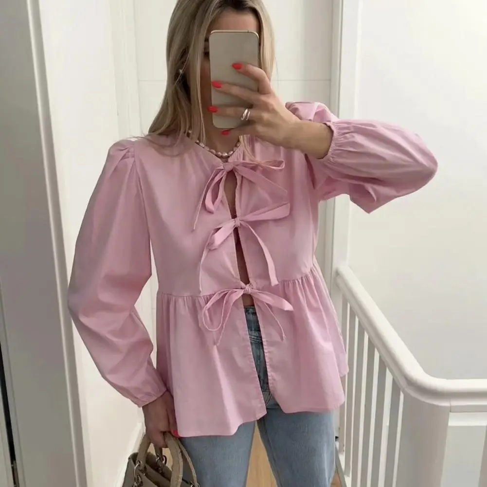 

Summer Street Style Top Women Petal Hem Shirt Striped Print Ruffle Hem Women's Summer Shirt with Lace-up Bowknot for Streetwear