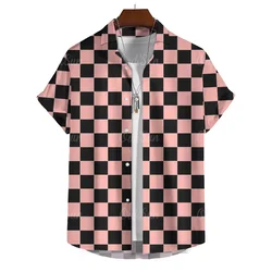 Checkered Striped Print Shirts For Men Summer Casual Men's Shirt Beach Vacation Style Hawaiian Short Sleeve Oversized Tops