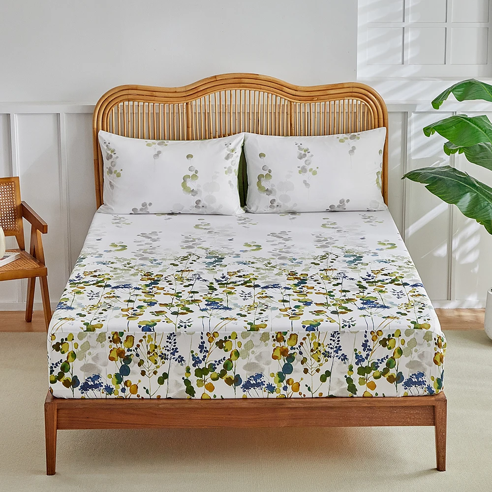 Lençóis elásticos para cama de casal, lençóis planos florais, king size, queen size, capa de cama para casa, protetor de colchão, roupa de cama 4 peças