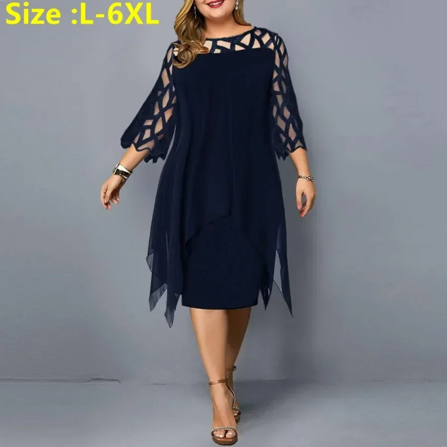 Plus Size 5XL 6XL Women's Casual Dress Elegant Office Lady Knee Length Dresses Sexy Mesh Patchwork Bodycon Dress Irregular Robe