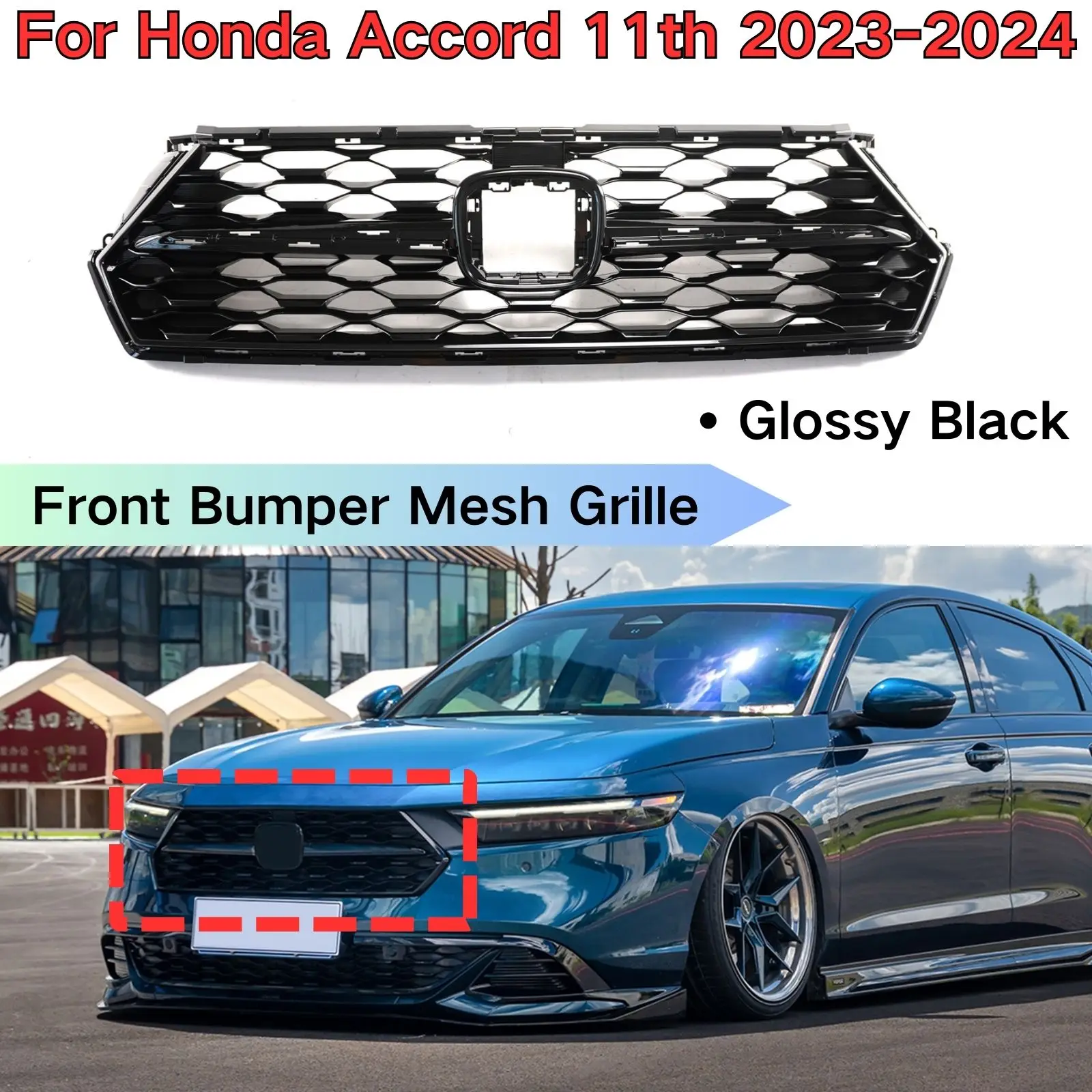 Front Upper Bumper Mesh Grille For Honda Accord 11th Gen 2023-2024 Honeycomb Racing Grill Glossy Black Cars Accessories Body Kit