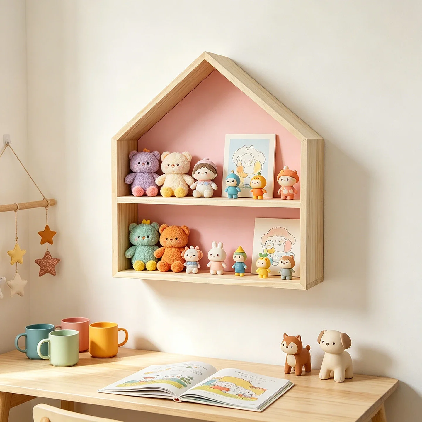 Wooden House Shaped Wall Shelf Storage Rack, Scandinavian Kids Room Decor, Rustic Hanging Display Shelf for Nursery Home