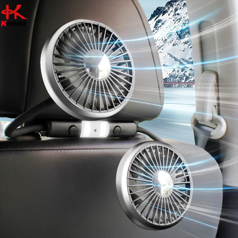 

KMIND Car Fan Cooling Dual Head Type-c Usb Car Fan 3 Speeds Adjustable Auto Cooler Air Fan With LED Lights Car Accessories