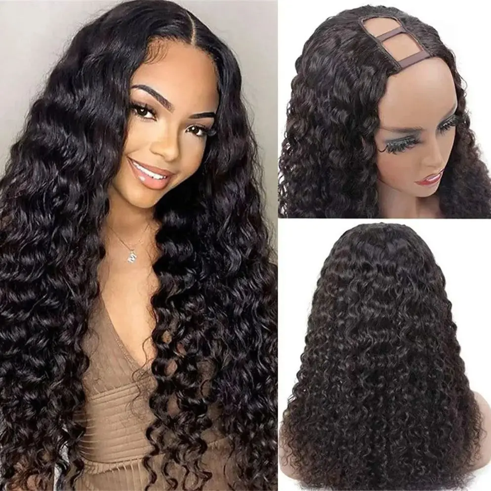 

U-образные парики, человеческие волосы с глубокими волнами для женщин, бразильские волосы, плотность 180%, машинное производство, глубокая волна, U-образные человеческие волосы, натуральный цвет