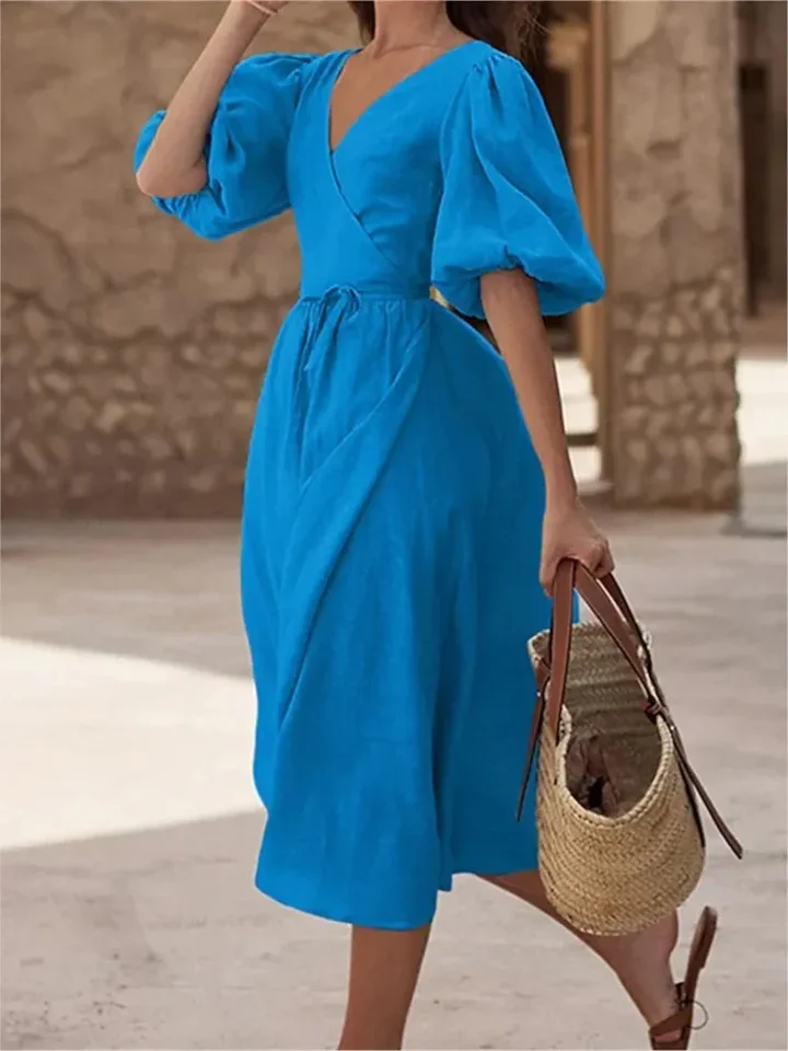 

Fashion New Lace-up Split Midi Dresses Summer Irregular Solid Short Sleeve Dress Women's Deep V-neck High Waist Casual Dress