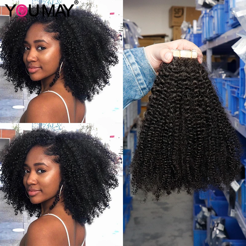 Cinta rizada Afro en extensiones de cabello humano, paquete de cabello humano Remy mongol, cinta rizada Ins para mujeres negras, Youmay virgen