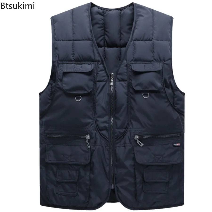 2026 Men's Down Cotton Vest Multi-pockets Design Men Outdoor Casual Fishing Vest Autumn Winter Warm Zipper Sleeveless Jacket 5XL