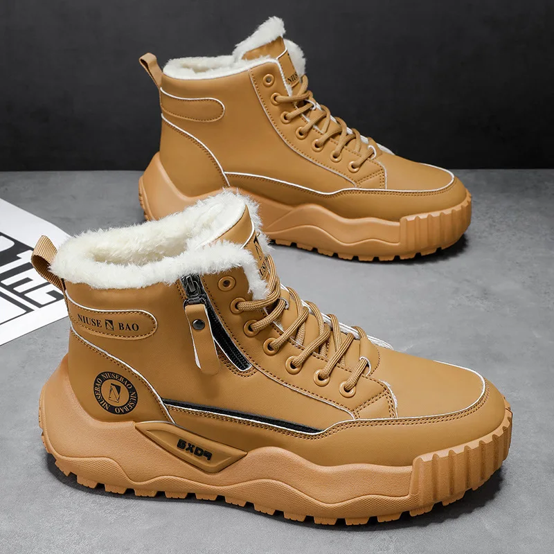 أحذية رجالية شتوية بنعل سميك، أحذية صوفية وسميكة من القطن الدافئ، أحذية رجالية متوسطة الارتفاع مقاومة للبرد في الهواء الطلق