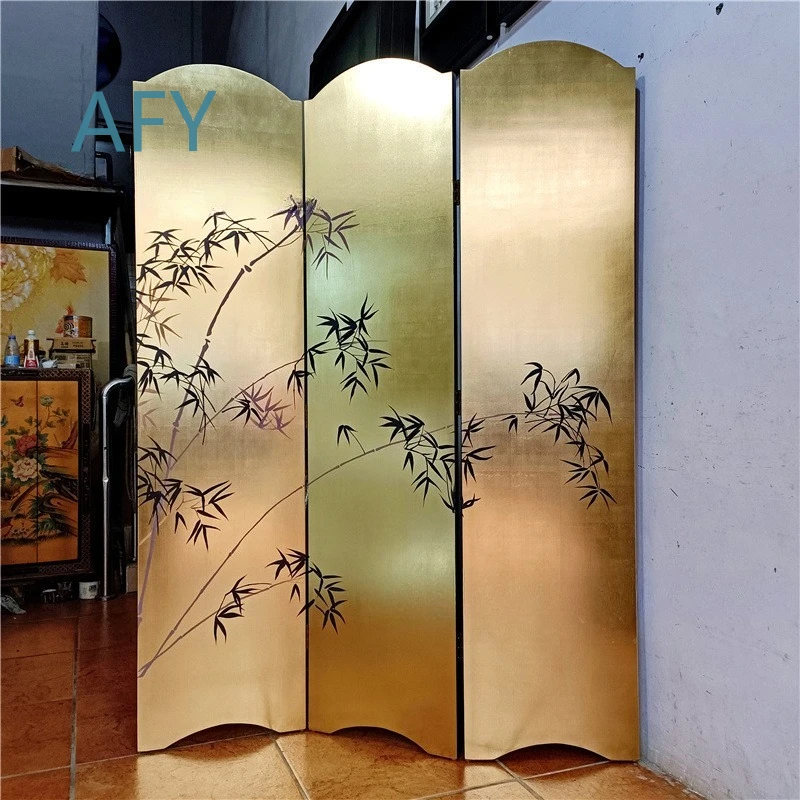 Hand Painted Bamboo Folding Screen for Chinese Style Villa Living Room Office Club Hotel Restaurant Decor Gold Foil Screen