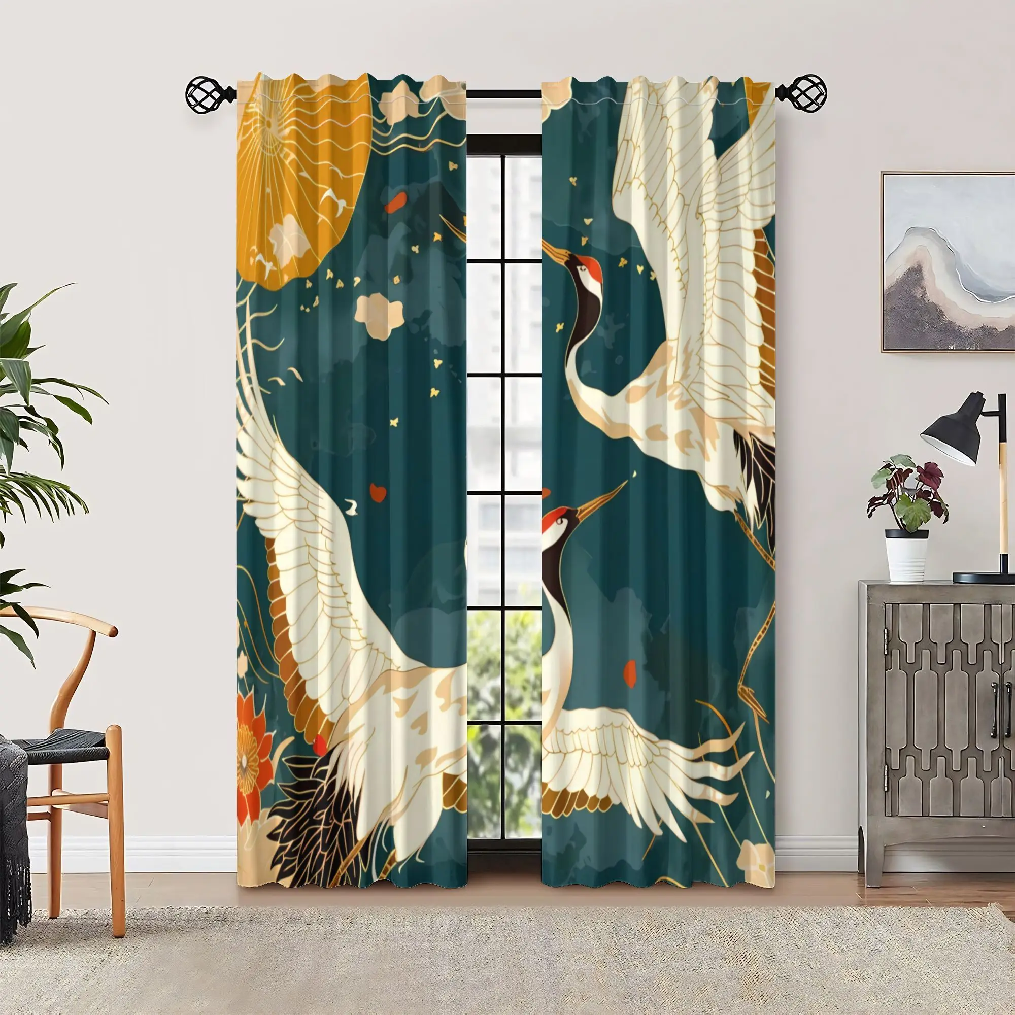 2pcs Vintage Chinese Art Xianhe Lianhua Curtains - Blackout, Rod Pocket, Matte Polyester Drapes with Cranes and Floral Design