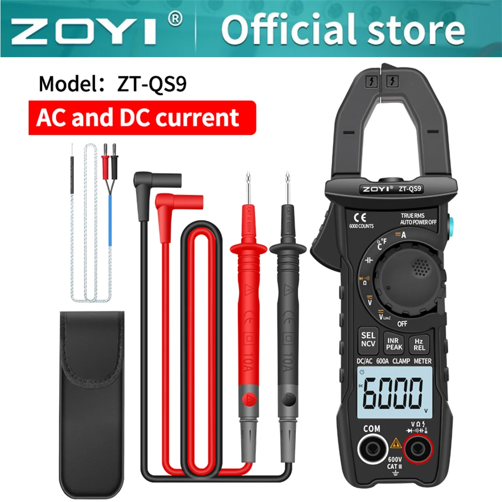 

ZT-QS9 Digital Clamp Meter 600A Current True RMS Smart Plier ammeter Auto Rang 6000 Multimeter DC AC Voltage Hz Ohm NCV Tester