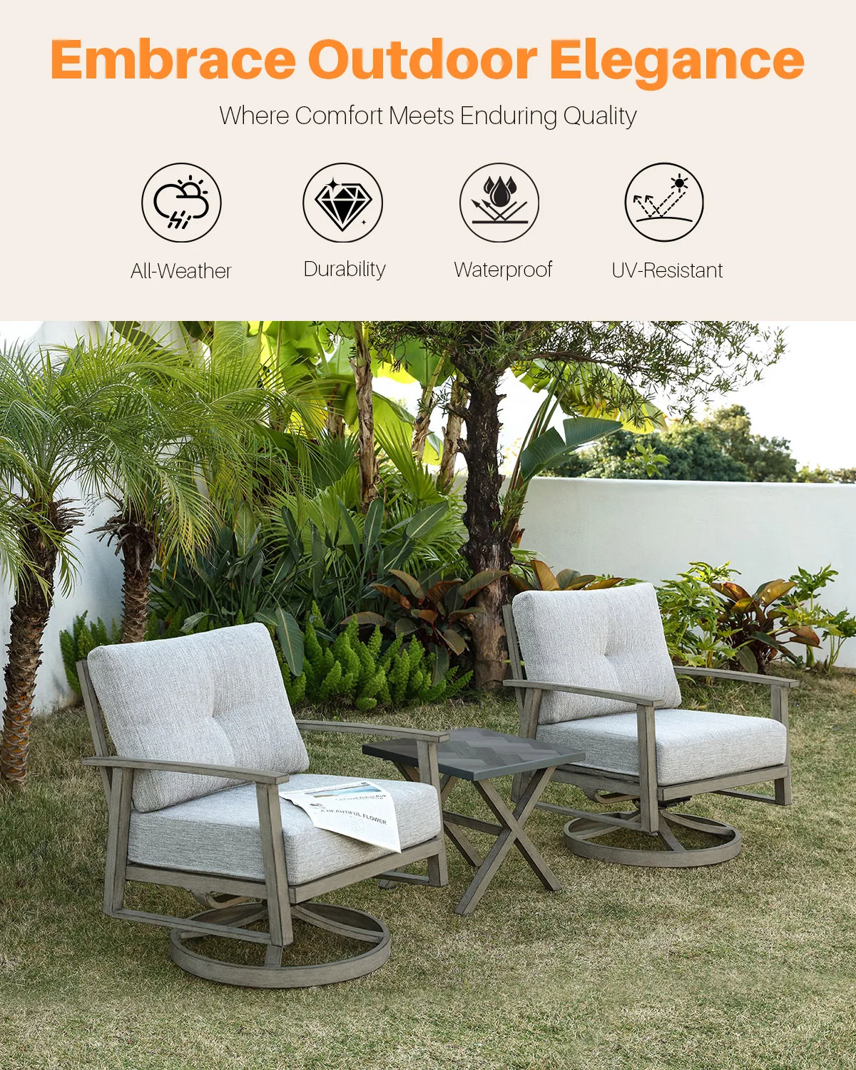 3 قطع 360 °   مجموعة صالة دوارة للاستخدام الخارجي، كراسي أريكة من الألومنيوم، طاولة جانبية لتواريخ الشرفة، استرخاء الحديقة للفنادق