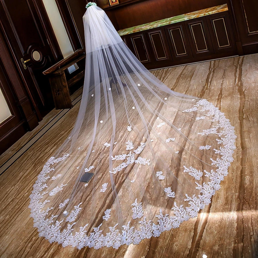 Voile de mariage cathédrale avec peigne, appliques à deux couches, long voile de mariée, accessoires de mariage, en stock