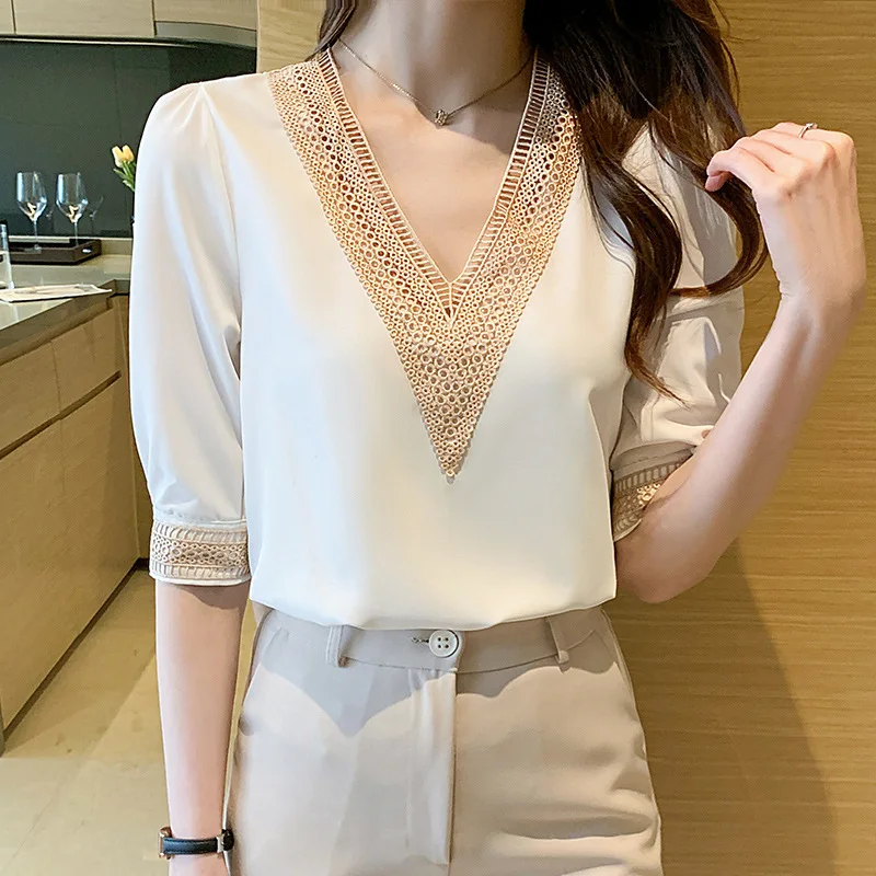 Summer Chiffon Blouse Women Fashion V Neck Hollow Out Splicing Top 2023 Middle Sleeve White Shirts Female Blusas Mujer New 13367