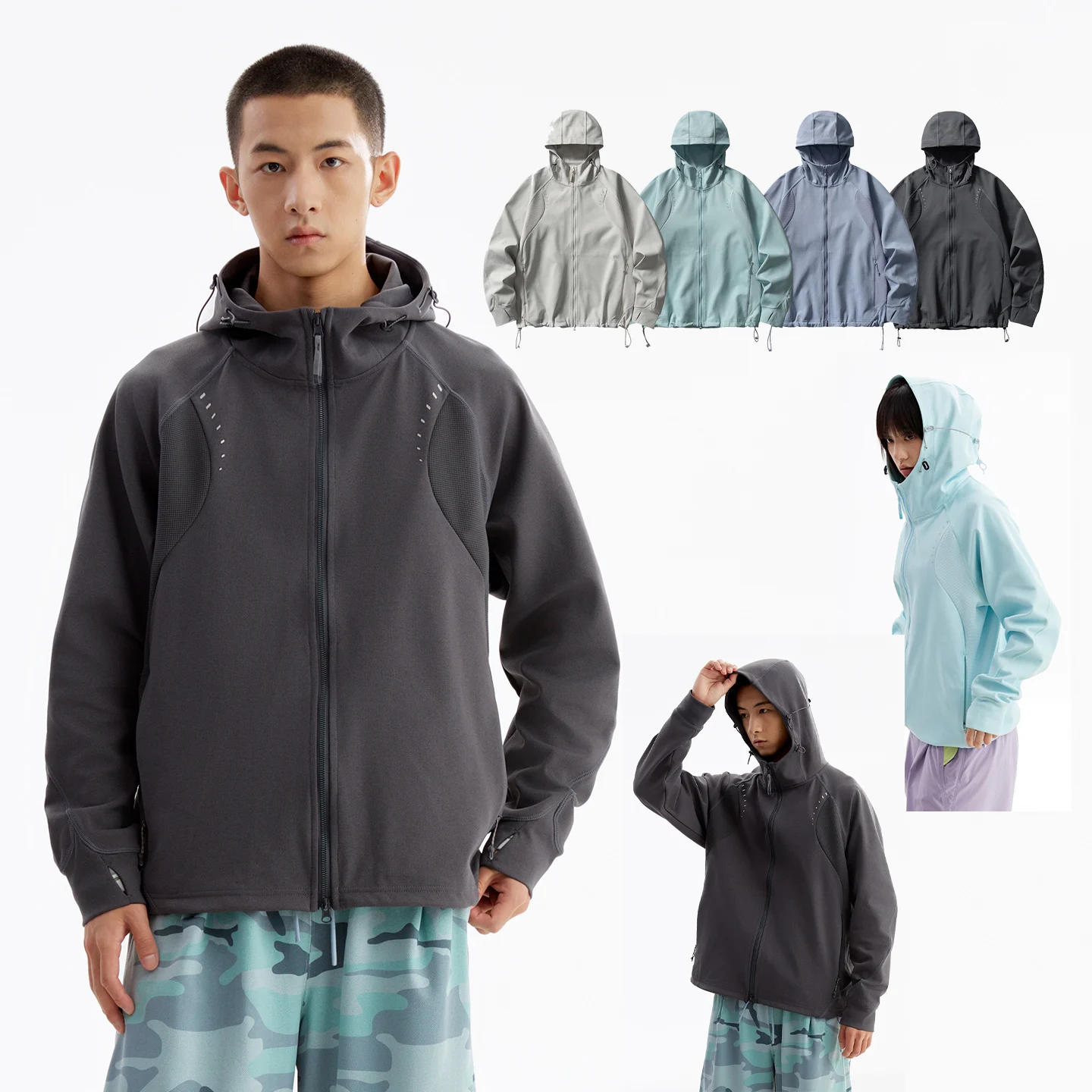 Outdoor Spliced Functional Hooded Cardigan Unisex Anti-UV Antibacterial Knit Top Reflective Quick-Dry Top w/ Adjustable Hem