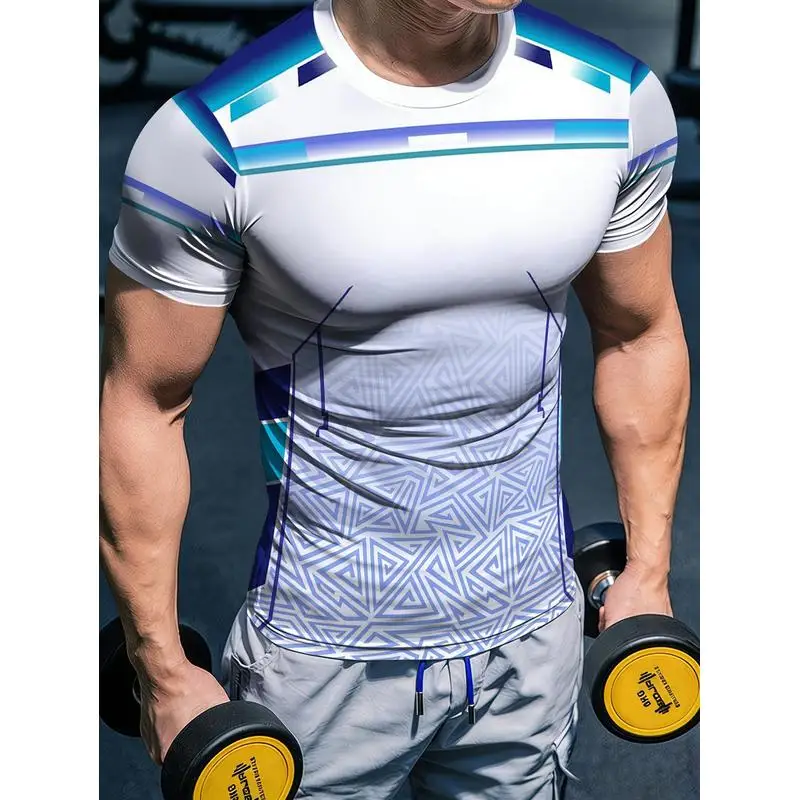 European And American Style Printed Men's Quick Dry Sports T Shirt Stretchy Body Hugging Muscle Defining Fitness Apparel Cycling