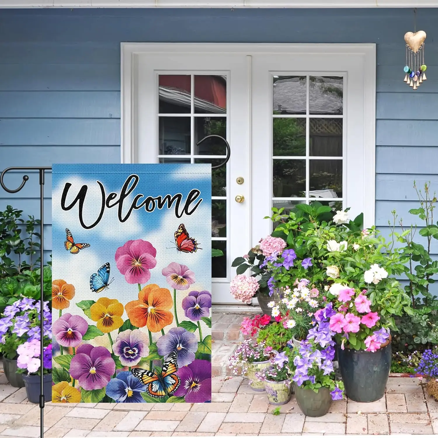 Louise Maelys Welcome Spring Summer Garden Flag Pansy Flower Butterfly Double Sided 12x18 Inch Floral Seasonal Small Burlap  EEZ