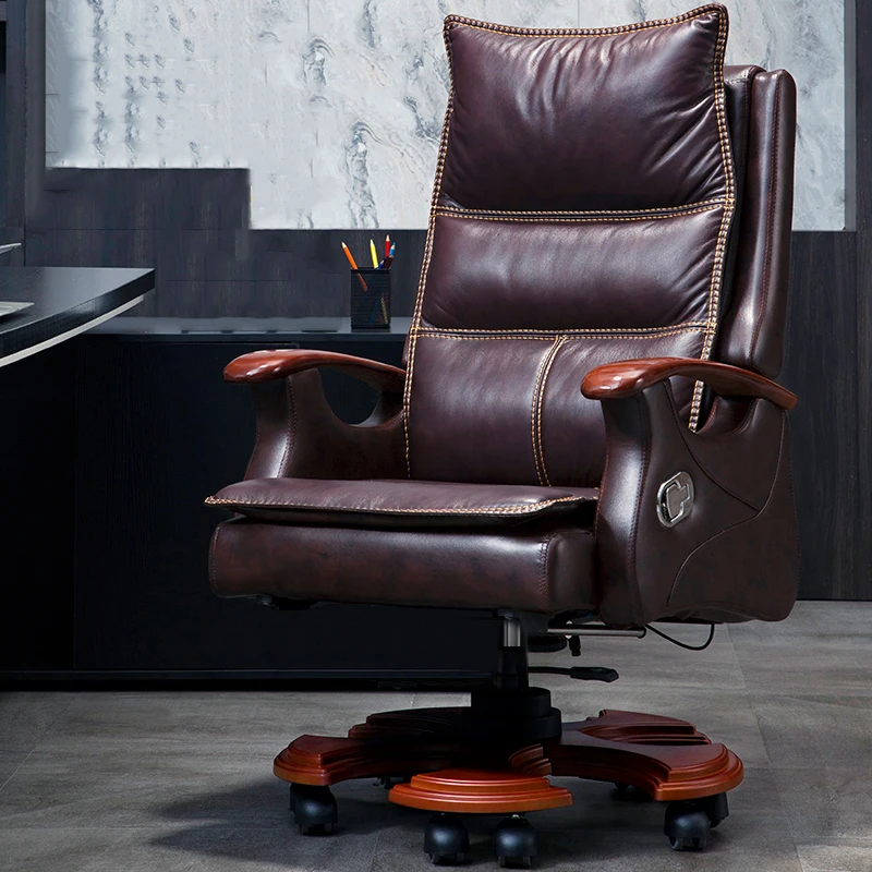 Leather Ergonomic Office Chair Computer Editor Modern Wheels Mobile Armchairs Wooden Relaxing Sillas De Oficina Office Supplies